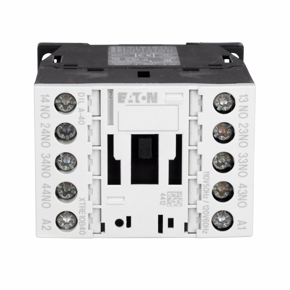 XT IEC Control Relay, Screw terminals, 45 mm - standard Frame size, 4NO contact configuration, 110V 50 Hz, 120V 60 Hz coil, 10A conventional thermal rating, 6A at 220/230/240V; 4A at 380/400/415V rated operational voltage