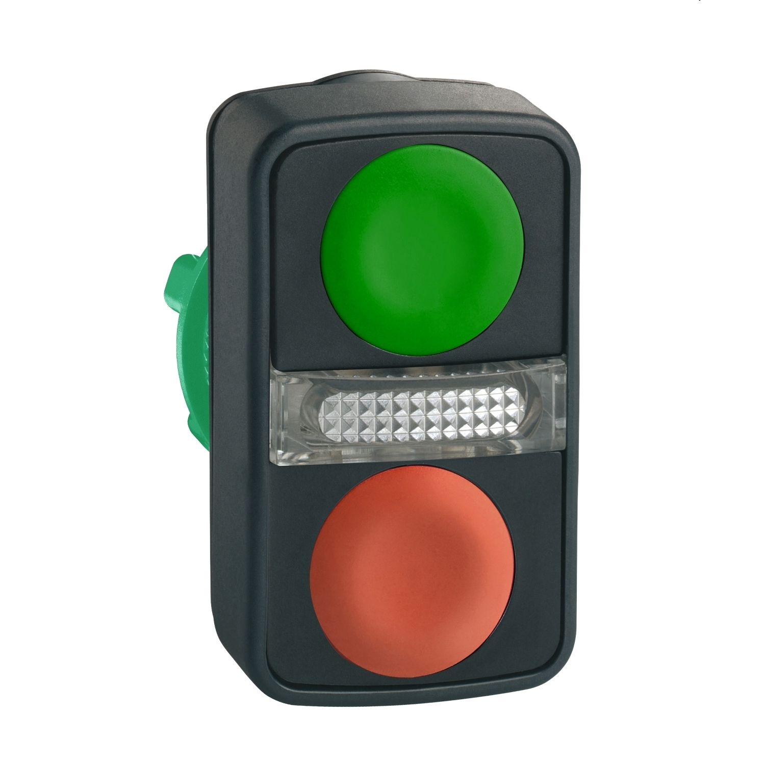 Illuminated double headed push button head, Harmony XB5, plastic, 22mm, 1 green flush + 1 pilot light + 1 red flush, unmarked