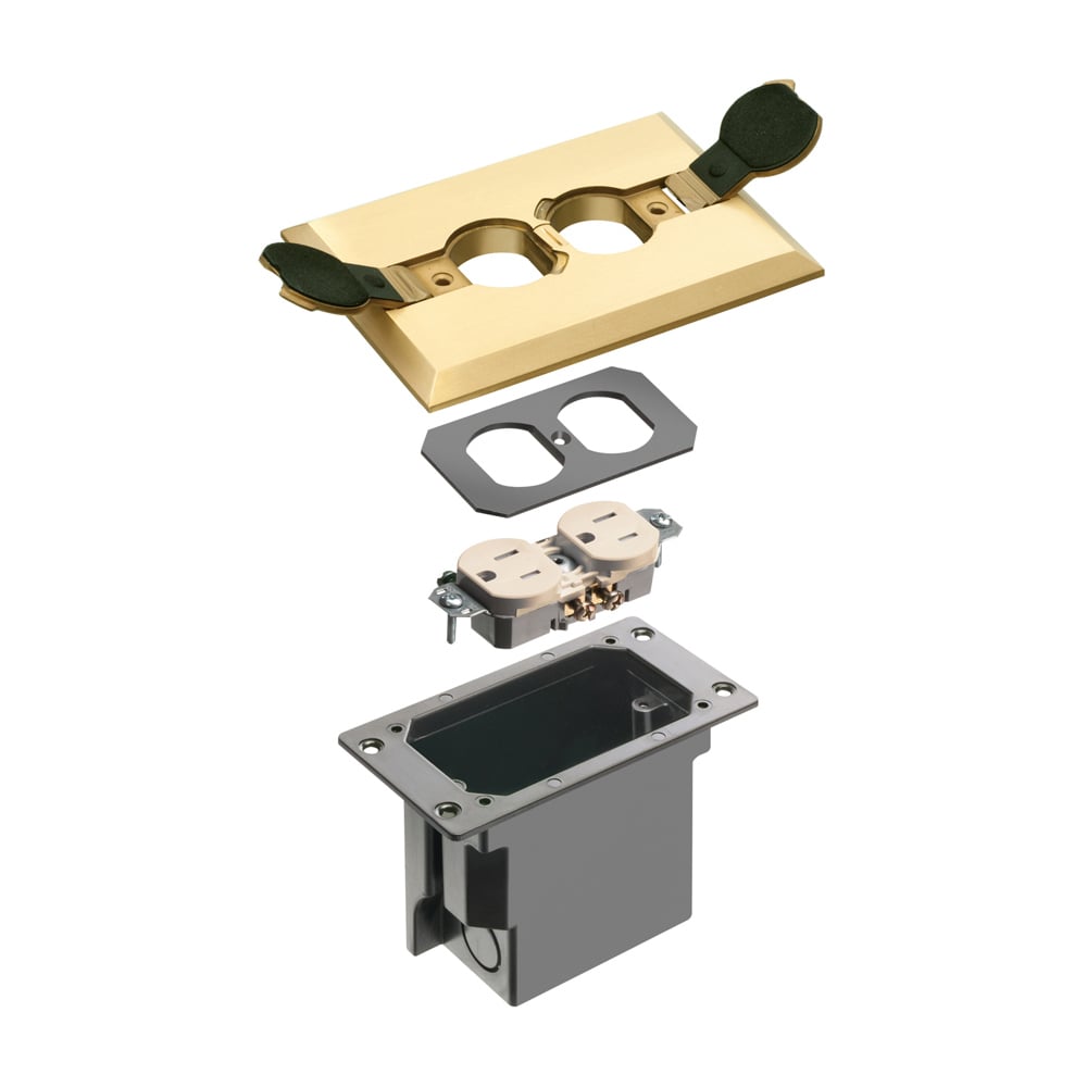 Non Metallic Box with metal covers for existing floors. Rectangular gasketed, metallic brass cover with flip lids.