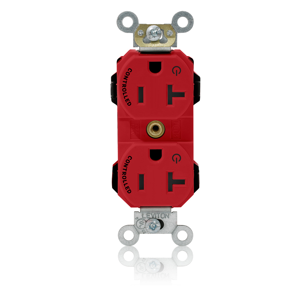 Modular Duplex Receptacle Narrow Body Design, Fed Spec Grade, 2-Pole 3-Wire, NEMA 5-20R, 20A-125V, Commercial Spec Grade, Red, 2 Plug Controlled Markings.