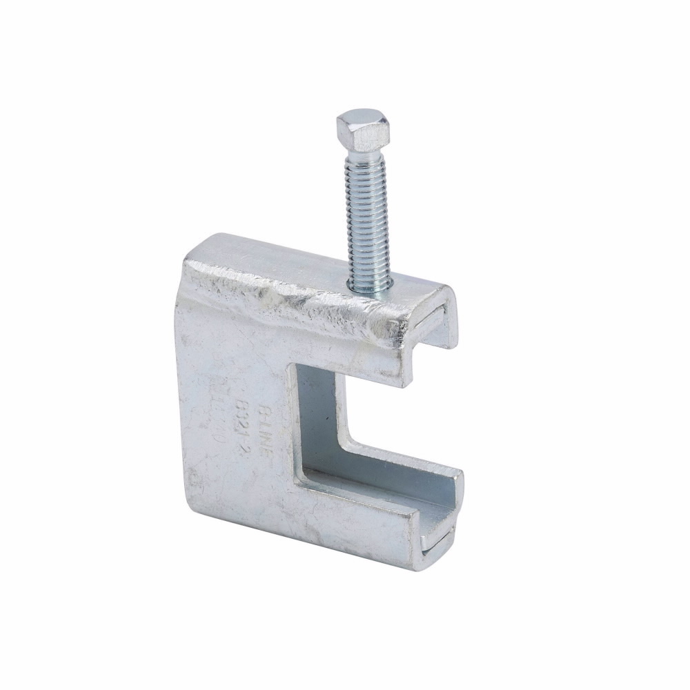 Eaton B-Line series beam clamps, 3.7188"Hx3.25"Lx0.6250"W, Steel, 2000 load cap, 5/8"-11 rod size, 5/8"-11 screw size, 0.313"beam thickness