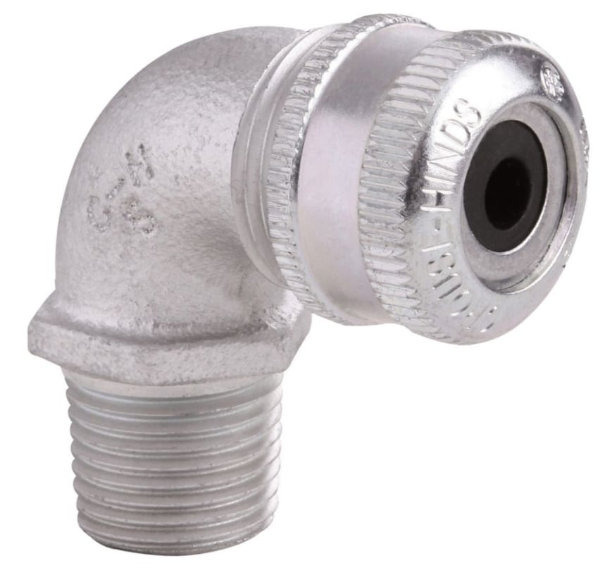 CGE296 90 deg Flexible Cable Gland Connector, 3/4 in Trade, 5/8 to 3/4 in Cable Openings, Feraloy Iron Alloy, Aluminum Acrylic Painted/Electro-Galvanized