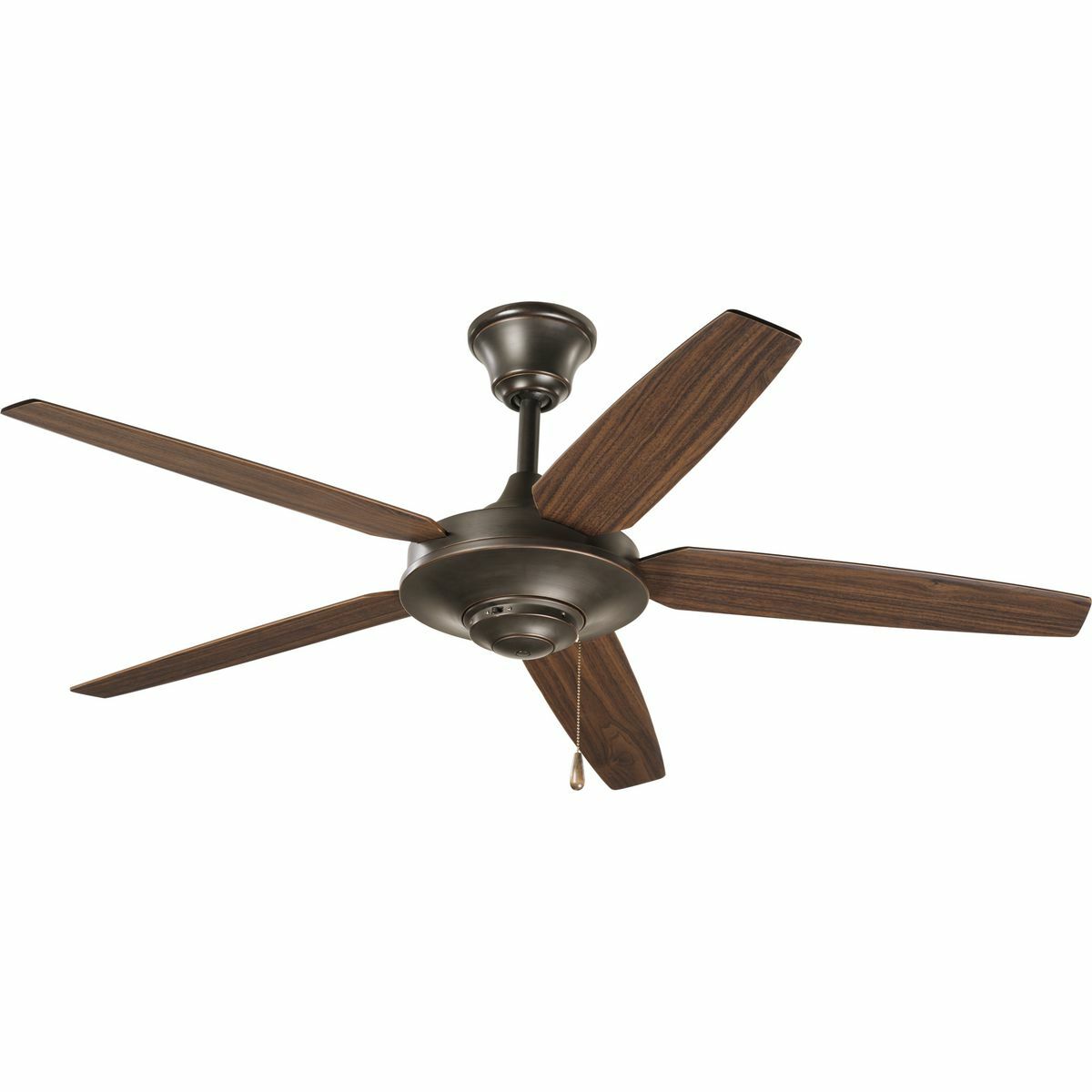 54 in five-blade fan with reversible Medium Cherry/Classic Walnut blades and an Antique Bronze finish. The AirPro Signature ceiling fan offers great performance and value. This contemporary styled fan features a powerful, 3-speed motor that can be reversed to provide year-round comfort. Includes innovative canopy system that can be installed on vaulted ceilings up to 12:12 pitch. A 1 in x 6 in downrod is included, however, longer downrods can be ordered separately. Can be used to comply with California Title 20.