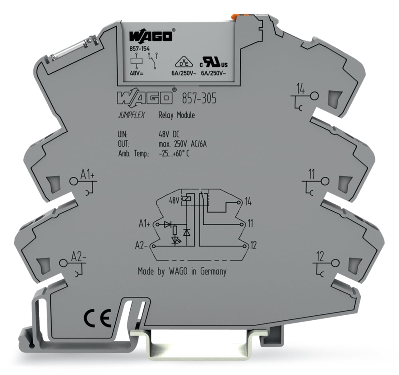 Relay module; Nominal input voltage: 48 VDC; 1 changeover contact; Limiting continuous current: 6 A; Yellow status indicator; Module width: 6 mm