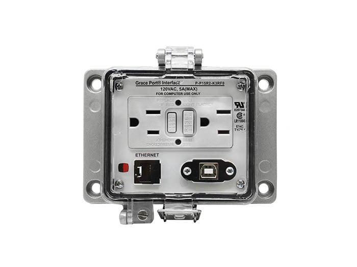 PANEL INTERFACE CONNECTOR WITH USB TYPE B/F TO USB TYPE B/M WITH 6' FT INTEGRATED CABLE AND RJ45, PANEL MOUNT HOUSING, UL TYPE 4; GFCI DUPLEX INSIDE OUTLET