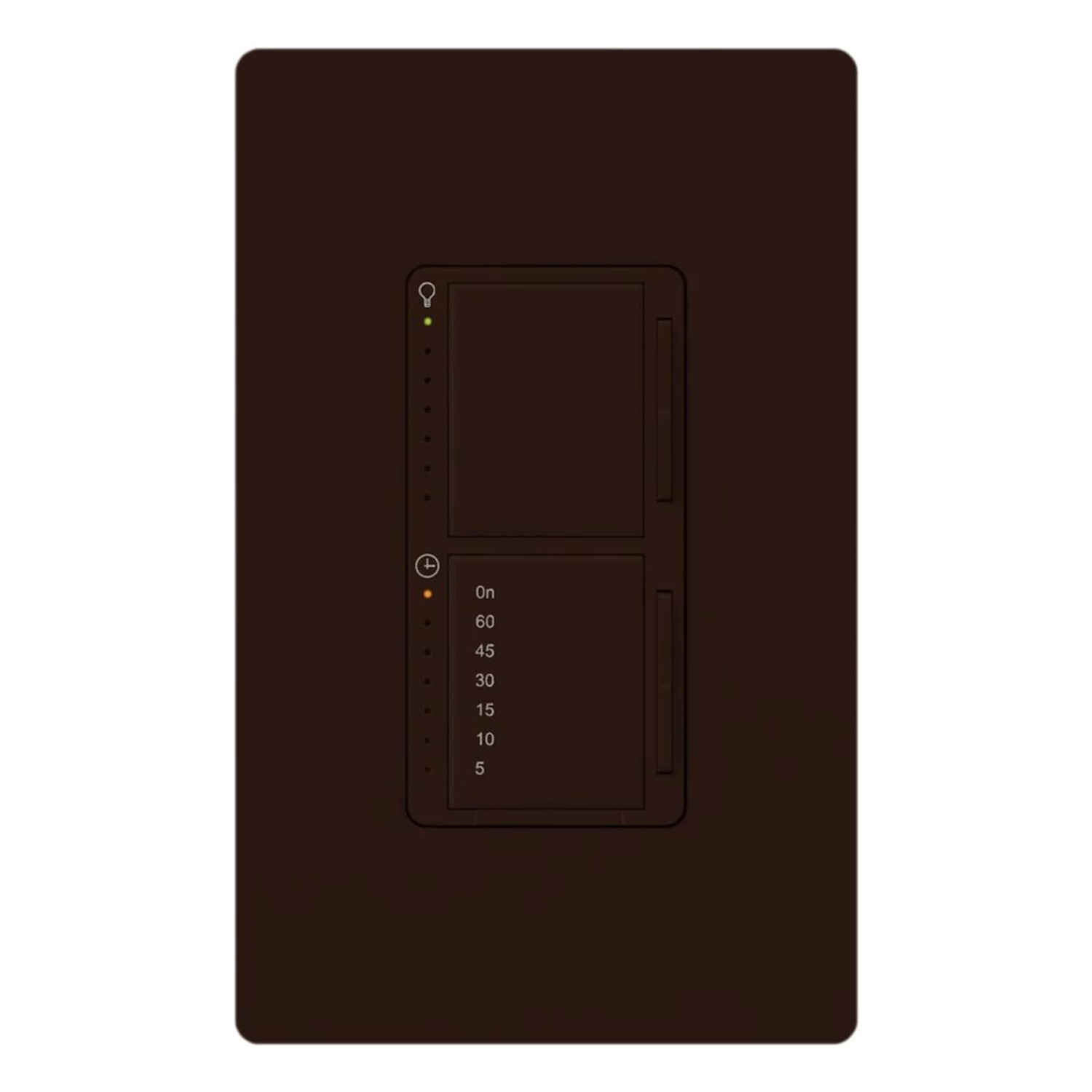 Maestro Dual Incandescent/Halogen Dimmer and Switch, Single-pole, clamshell packaging, wallplate included, White finish, 120V/300W dimmer, 2.5A switch in brown