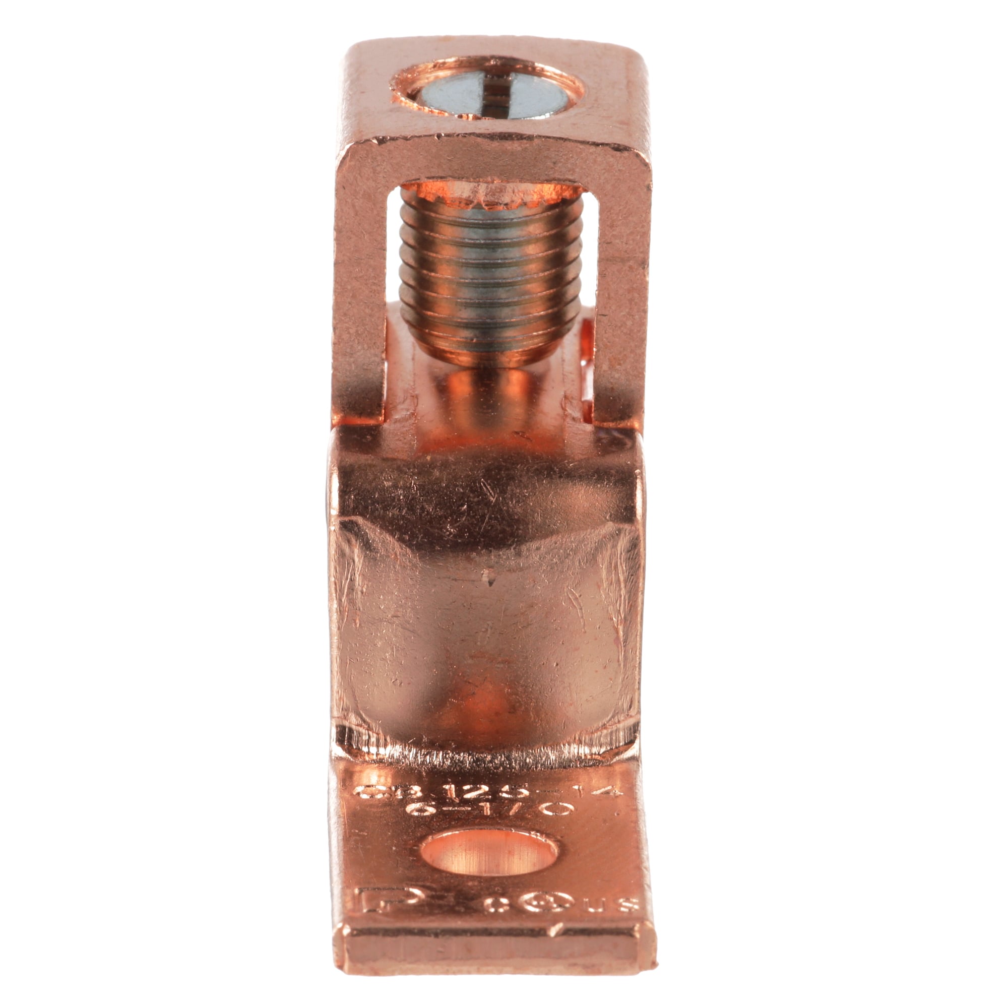 One-hole, copper, single barrel, offset floating tongue lug, #6 - 1/0 AWG, 1/4 (6.4mm) stud hole.