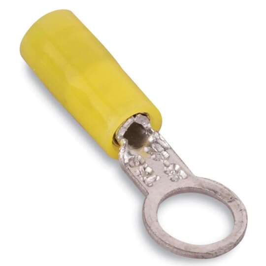 Nylon Insulated Ring Terminal, Length .75 Inches, Width .25 Inches, Maximum Insulation .083, Bolt Hole #10, Wire Range #26-#22 AWG, Color Yellow, Copper, Tin Plated