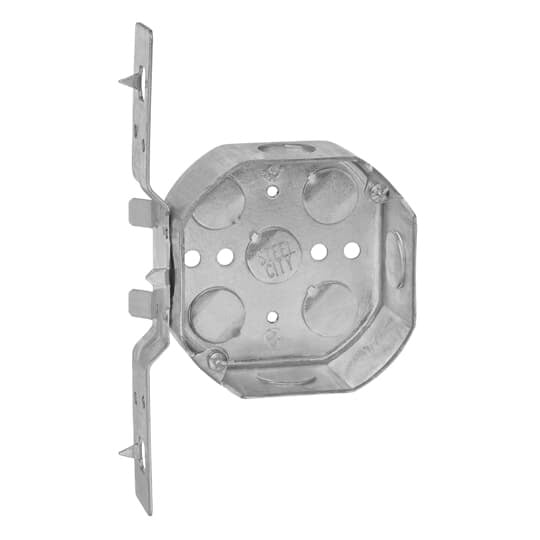 Octagon Box, 15.8 Cubic Inches, 4 Inch Diameter x 1-1/2 Inches Deep, 1/2 Inch Knockouts, Pre-Galvanized Steel, Drawn Construction, V Bracket, For use with Conduit