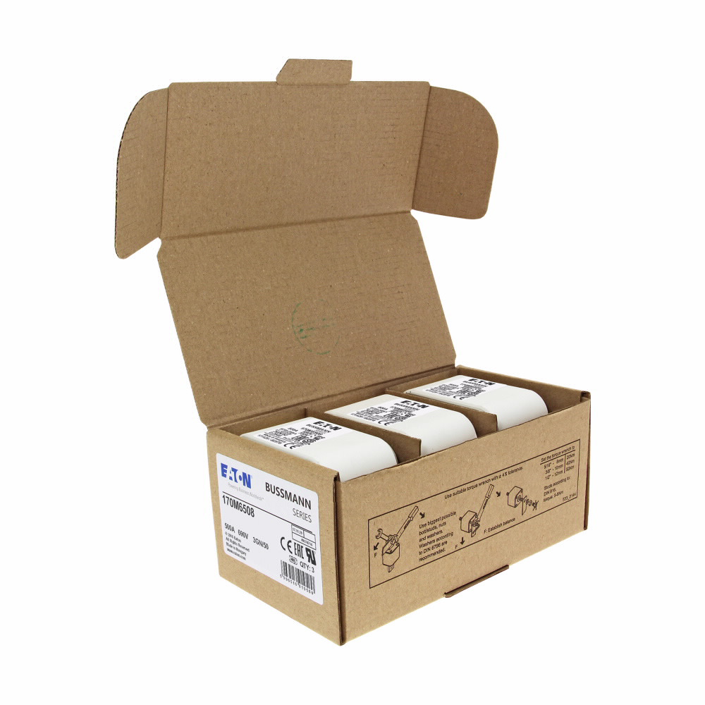 Eaton Bussmann series high speed square body fuse, 700V (UL), 690V (IEC), 500A, 200 kAIC, Top fuse status indicator, Fuse, Class aR, Flush - 170M6508