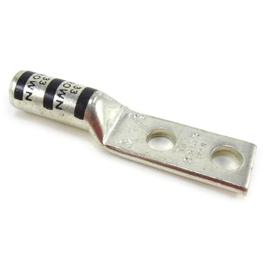 Copper Two-Hole Lug, Long Barrel, Blind End, Max 35kV, Wire Size #2 AWG, 5/16 Inch Bolt Size, 3/4 Inch Hole Spacing, Tin Plated, Die Code 33, Die Color Code Brown
