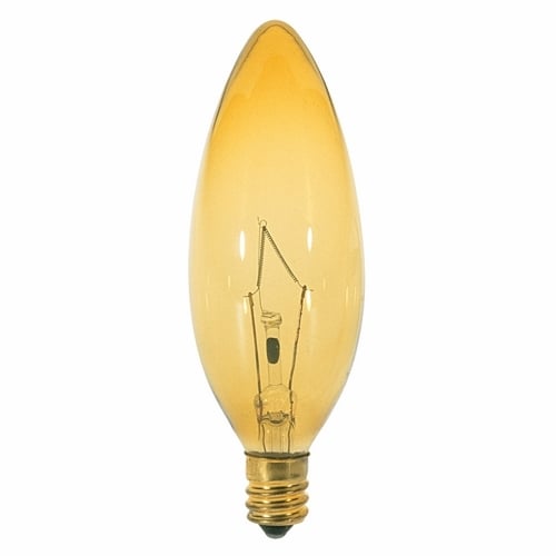 Incandescent Decorative Lamp, Designation: 25BA9 1/2/A, 120 V, 25 WTT, BA9 1/2 Shape, E12 Candelabra Base, Transparent Amber, CC-2V Filament, 1500 HR, 3-1/2 IN Length, 1-3/16 IN Diameter