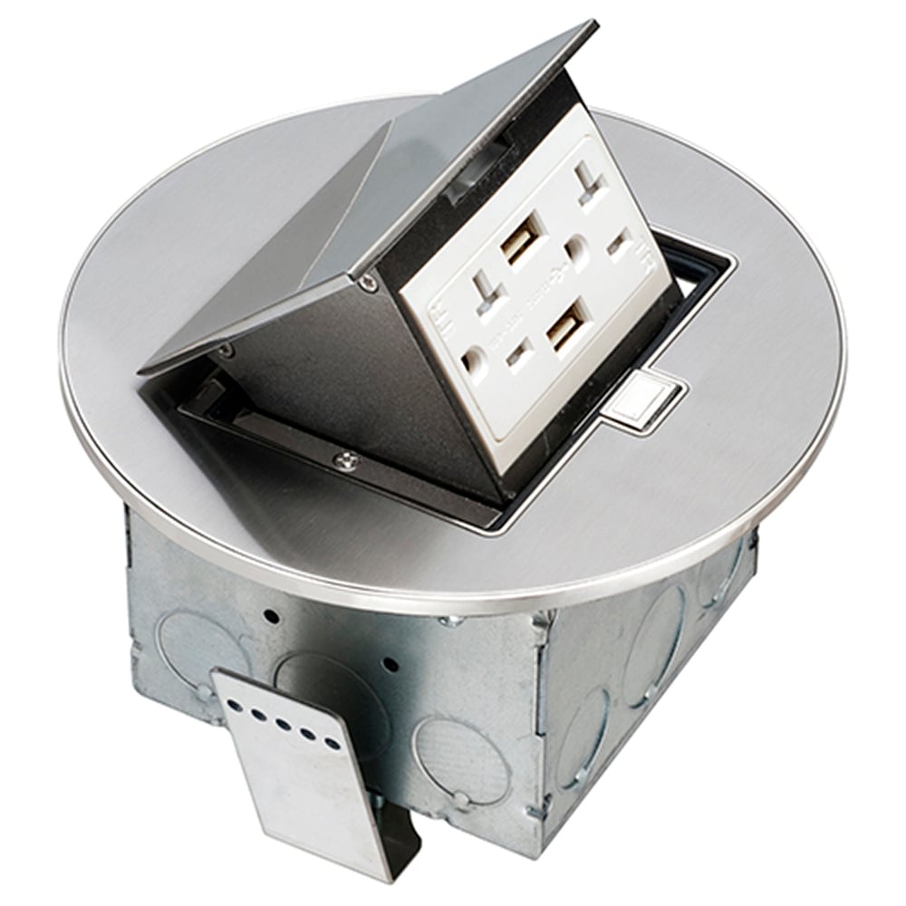 Round stainless steel counter top box. Comes with a 20 amp tamper resistant decorator style receptacle with (2) USB ports.