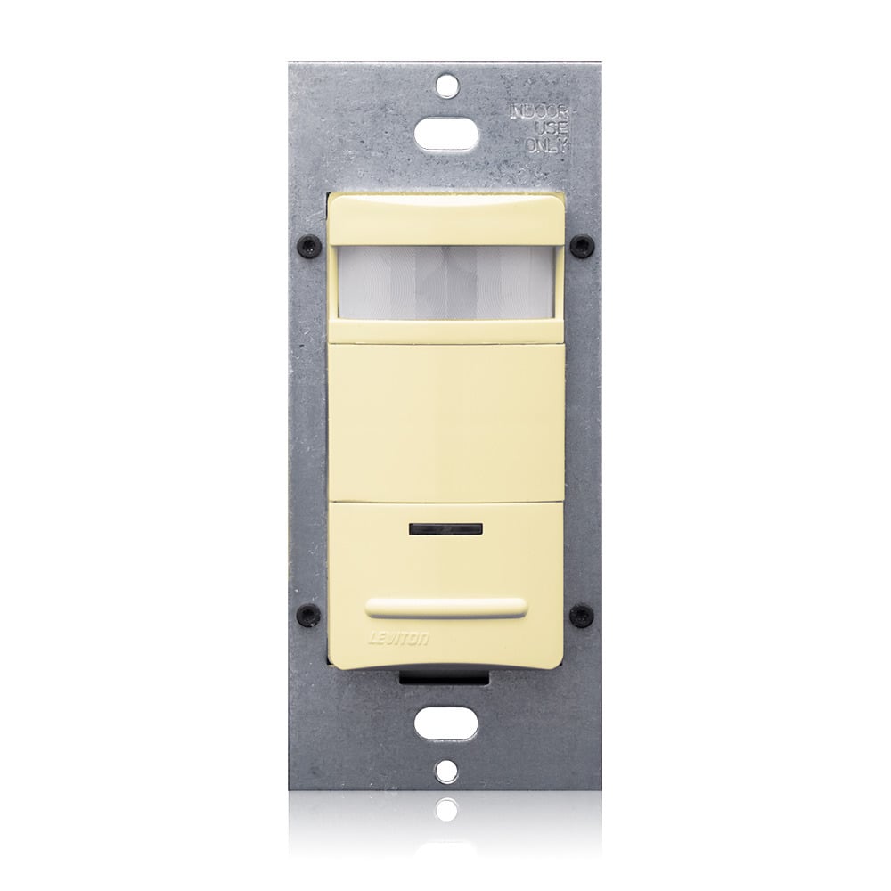 Passive Infrared wall switch occupancy sensor lighting control, AutoON/AutoOFF ONLY (no manual override), single relay, photocell controlled (hold-OFF), low profile, 180 degree field of view, 2100 sq ft, adjustable blinders, time delay 30s-30m, 120/208/220/230/240/277VAC, 50/60Hz, UL Listed, RoHS and Title 20/24 Compliant, Color: Ivory