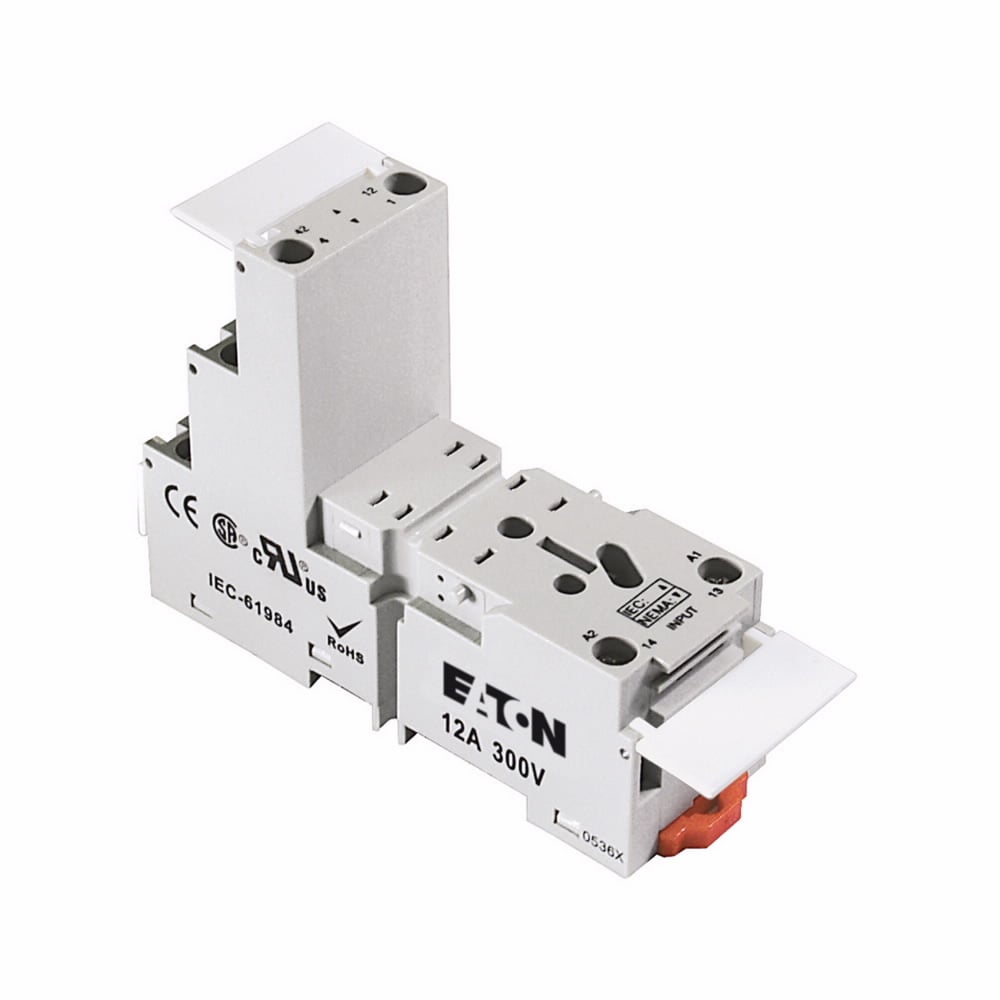 D2 Series Socket, Used with D2PR2, D2PF2 Relays, Module size B, 300V nominal voltage, 12A nominal current, DIN rail/panel mount, Elevator wire connection, QTY: 1, IP20 enclosure, Eight-pole