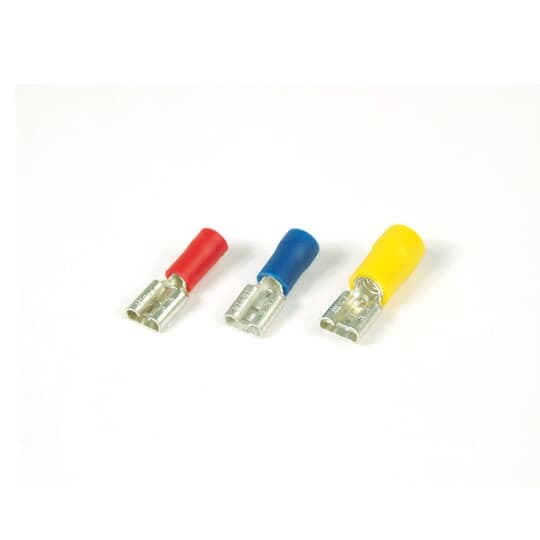 Vinyl Insulated 2 Crimp Female Disconnect - Wire Range 16-14 AWG, Strip Length .27 Inches, Tab Size .250 Inches, Install with CM2000 (Die A), Color Blue