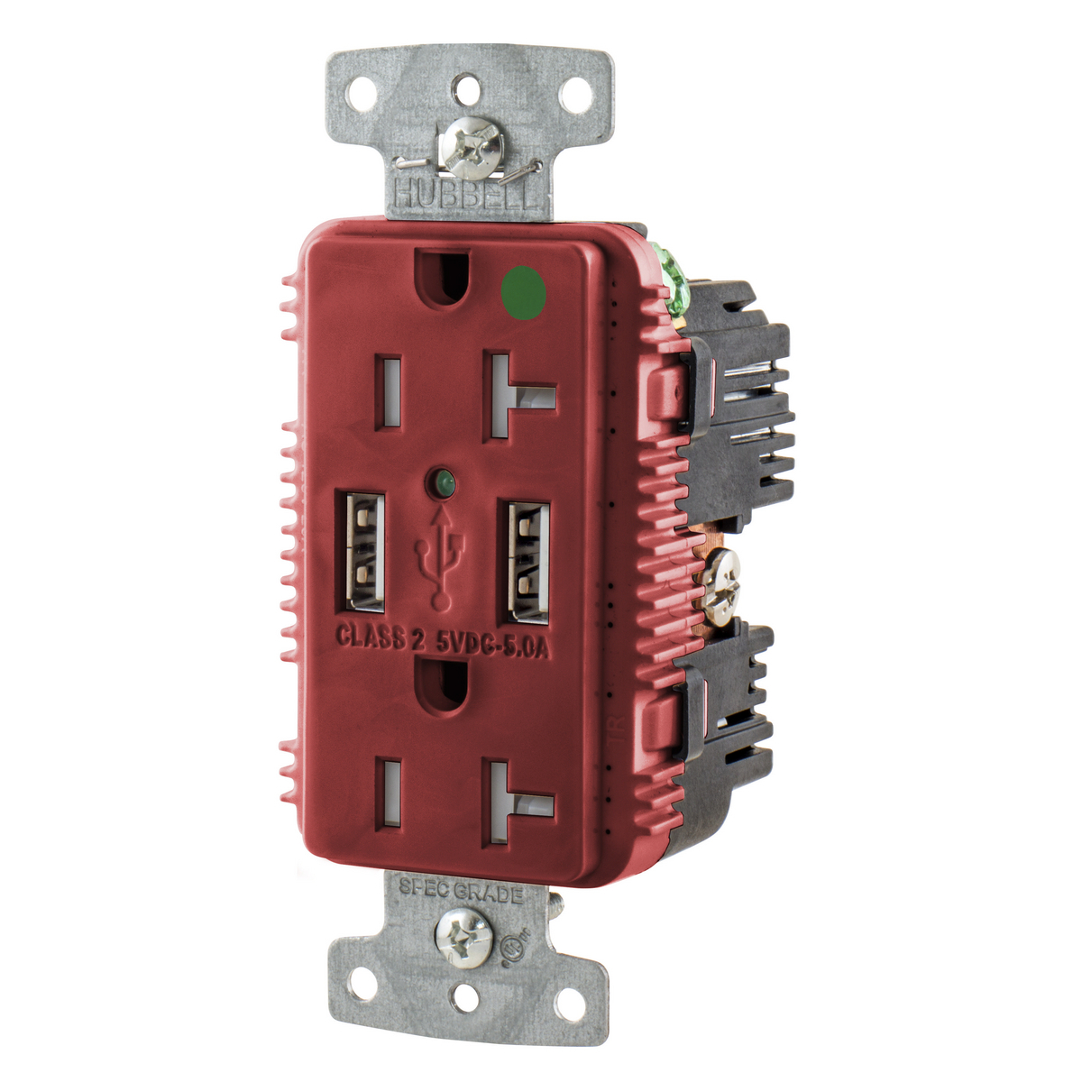 USB Charger Duplex Receptacle, HospitalGrade, 20A 125V, 2-Pole 3-Wire Grounding, 5-20R, 2) 5A "A" USB Ports,Red