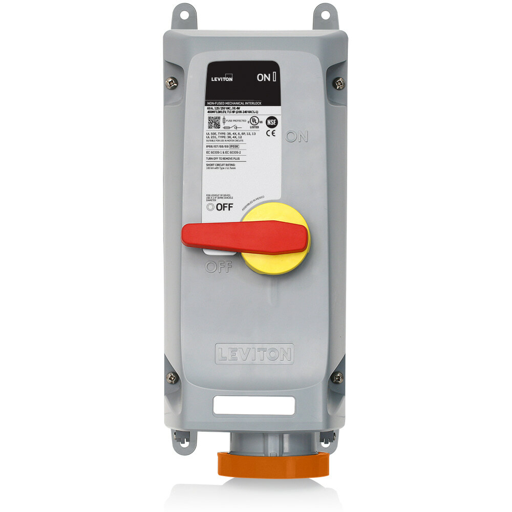 60 Amp, 125/250 Volt, 3P, 4W, LEV Series North American-Rated IEC 60309-1 & 60309-2 Pin & Sleeve Mechanical Interlock, Industrial Grade, IP66/IP67/IP68/IP69/IP69K, Watertight, Non-Fused - Orange