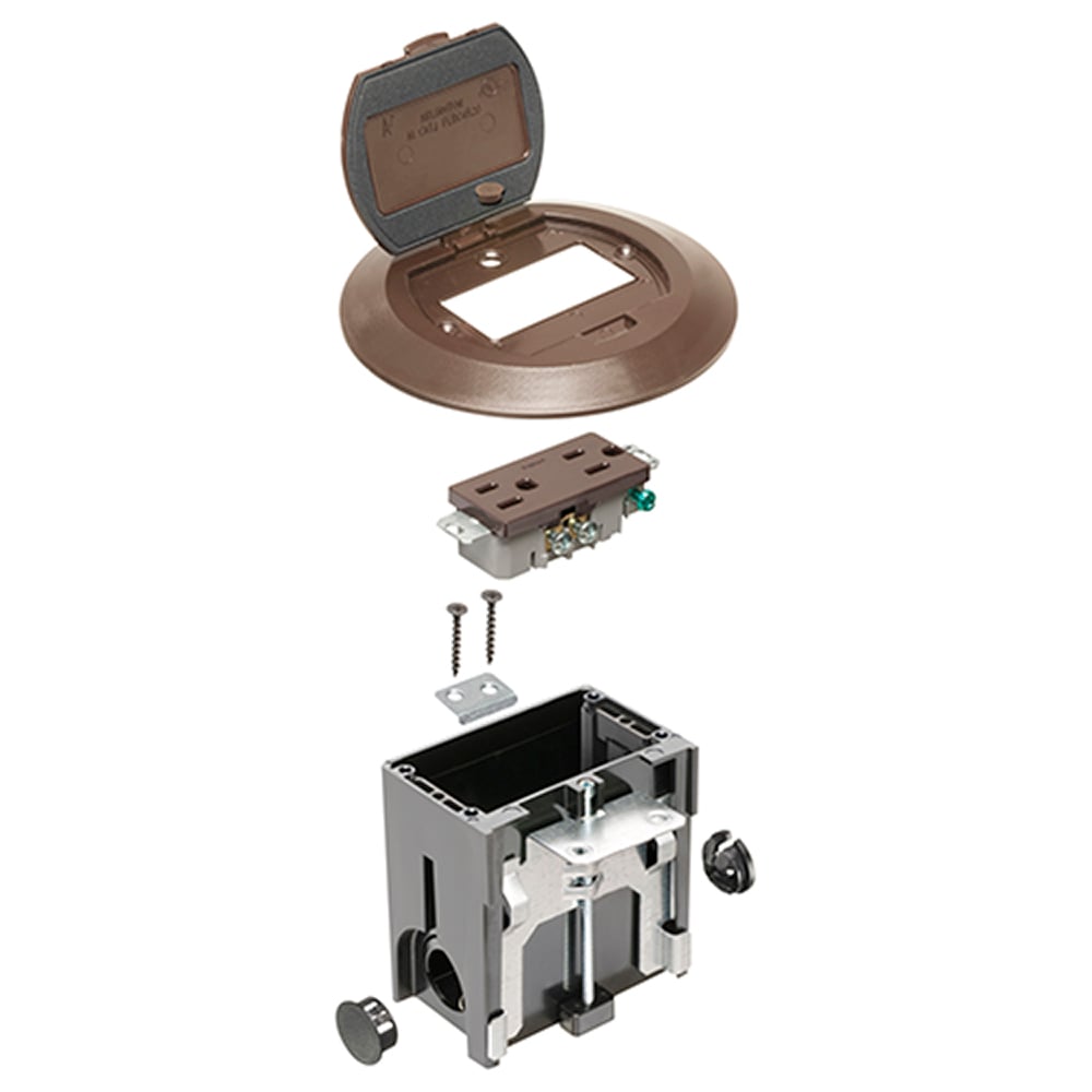 Non Metallic adjustable floor box. Brown with flip lids. Includes tamper resistant duplex receptacle, round cover plate with gasket and Arlington NM94 connector and Arlington NM900 knockout plug.