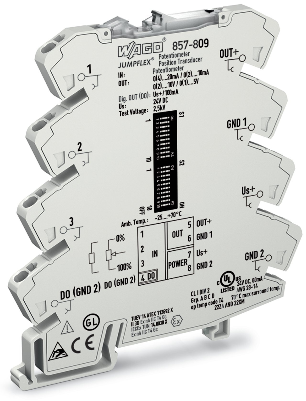 Potentiometer signal conditioner; Current and voltage output signal; Digital output; Configuration via software; Supply voltage: 24 VDC; 6 mm module width; 2,50 mm