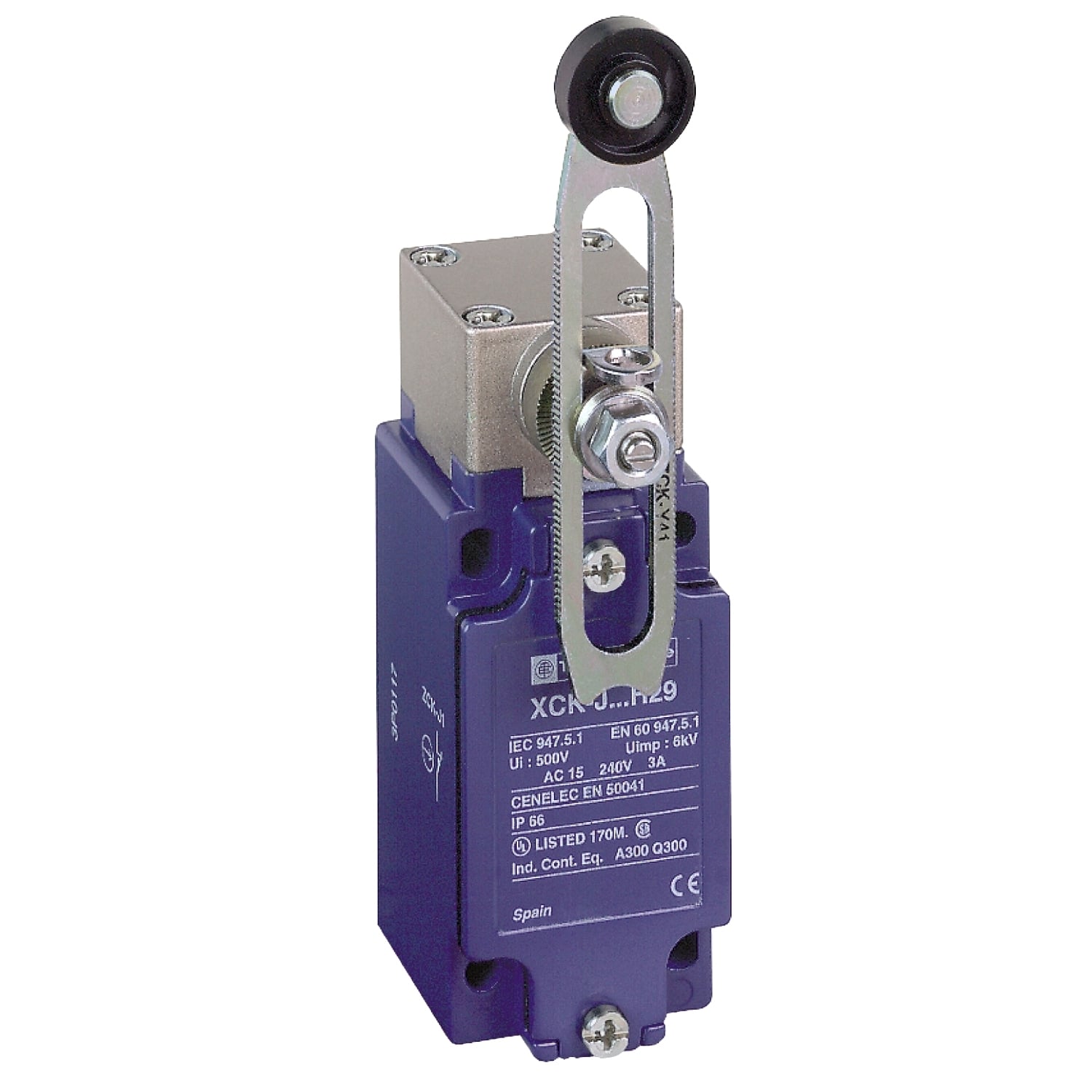 Limit switch,  XC Standard, XCKJ, thermoplastic plastic roller lever var. length, 1NC+1 NO, snap, M20