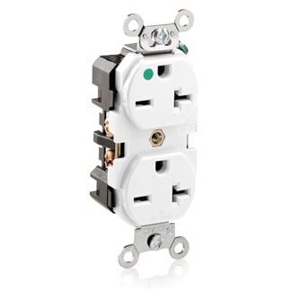 20 Amp, 250 Volt, Wide Body Duplex Receptacle, Hospital Grade, Self Grounding, White