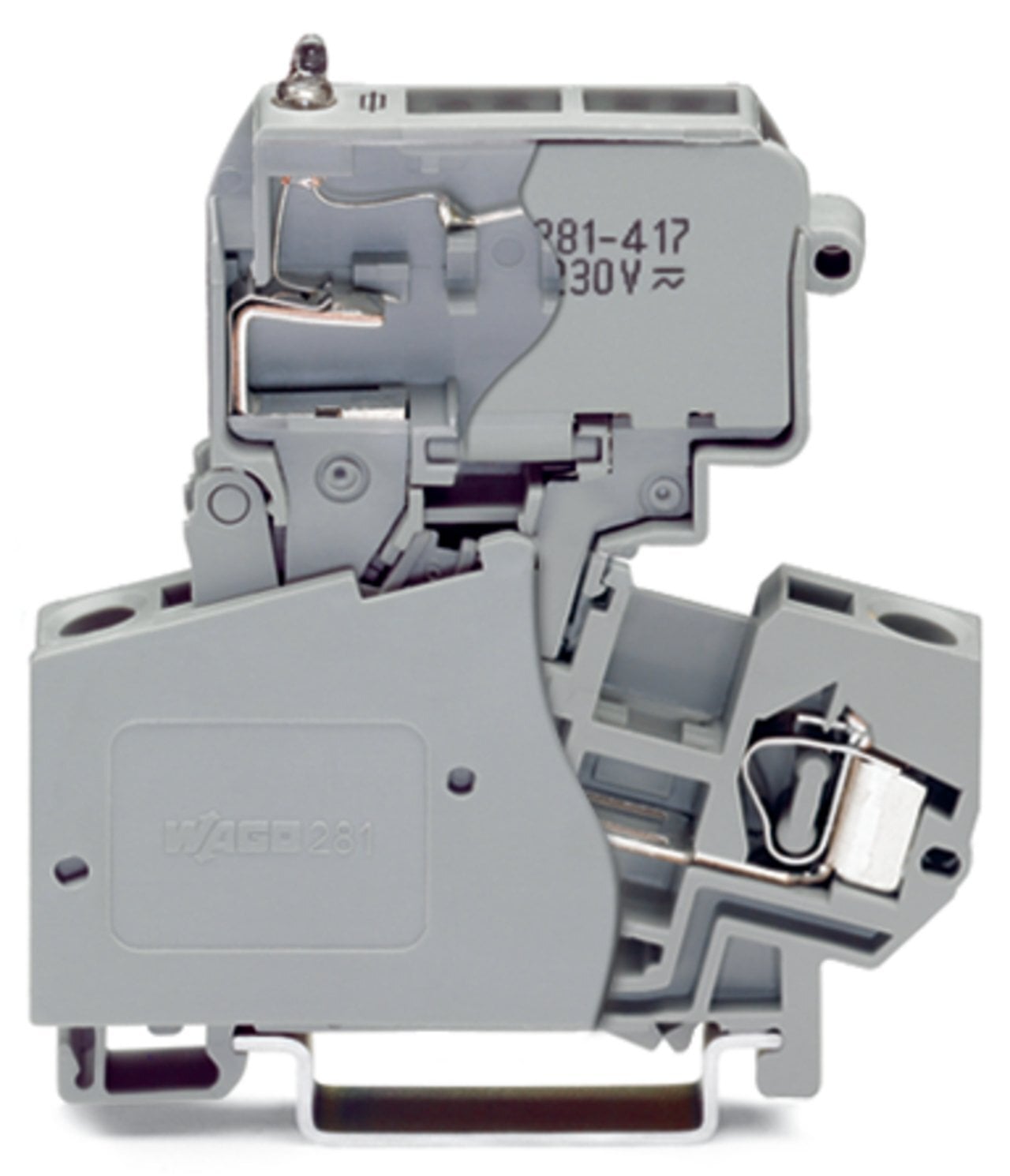 2-conductor fuse terminal block; with pivoting fuse holder; for glass cartridge fuse " x 1"; with blown fuse indication by neon lamp; 120 V; for DIN-rail 35 x 15 and 35 x 7.5; 4 mm; CAGE CLAMP; 4,00 mm; gray