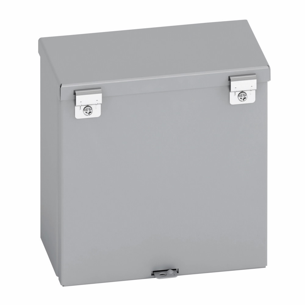Eaton B-Line series Type 3/3R junction boxes, 6" height, 4" length, 6" width, NEMA 3R, Hinged cover, RTHC enclosure, Surface mounted, Small single door, 3 knockouts, Embossed thru holes, Carbon steel