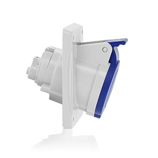 32 Amp, 200-250 Volt, 2P+E (2P, 3W), Clock Position 6, IEC/EN 60309-1 & 60309-2, International Configuration Panel Mounting Socket Outlet, Industrial Grade, IP44, Splashproof - BLUE