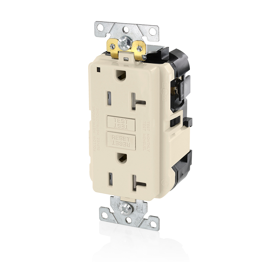 20 Amp, 125 Volt, SmartlockPro Slim Lev-Lok GFCI Self-Test Receptacle, Extra-Heavy Duty Industrial Grade, Tamper-Resistant, 20A Feed-Through,NEMA 5-20R, 2P, 3W, Modular Terminals  LIGHT ALMOND