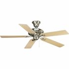 52 in Signature five-blade ceiling fan with reversible White/Natural Cherry blades, Brushed Nickel finish, and 30 year limited warranty. Powerful AirPro motor features 3-speed control that can also be reversed to provide year-round comfort. Standard canopy is designed for sloped ceilings with 12:12 pitch and a 3/4 inx 4-1/2 in downrod is included. Can be used to comply with California Title 20.