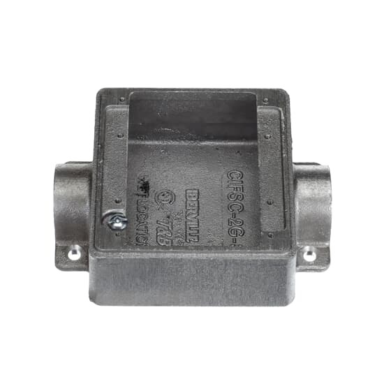 Two Gang FSC Box, Cubic Inches 26.0, Length 4-3/8 Inches, Width 4-11/16 Inches, Depth 1-7/8 Inches, Hub Size 3/4 Inch, Aluminum, 4 Lugs, 2 Hubs