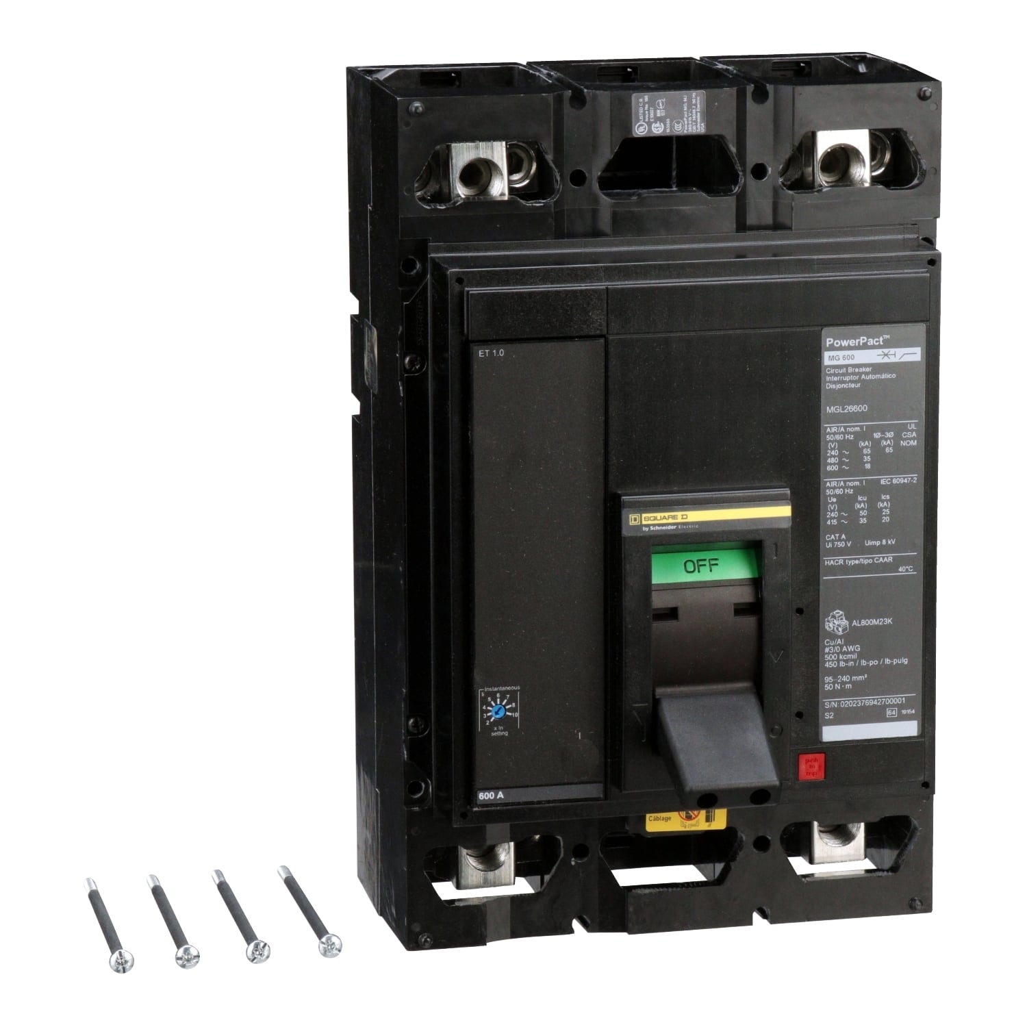Circuit breaker, PowerPacT M, 600A, 2 pole, 600VAC, 18kA, lugs, ET 1.0, 80%