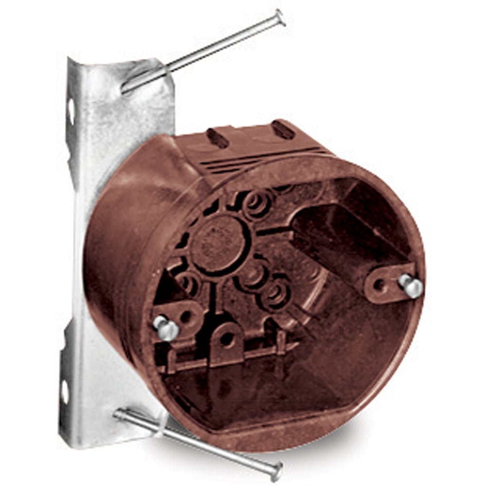Round Ceiling/Fixture Outlet Box, Volume 20.8 Inches, Diameter 4 Inches, Depth 2-3/8 Inches, Color Brown, Material Phenolic, Mounting Means N Bracket with Nails, with #36 Clamps