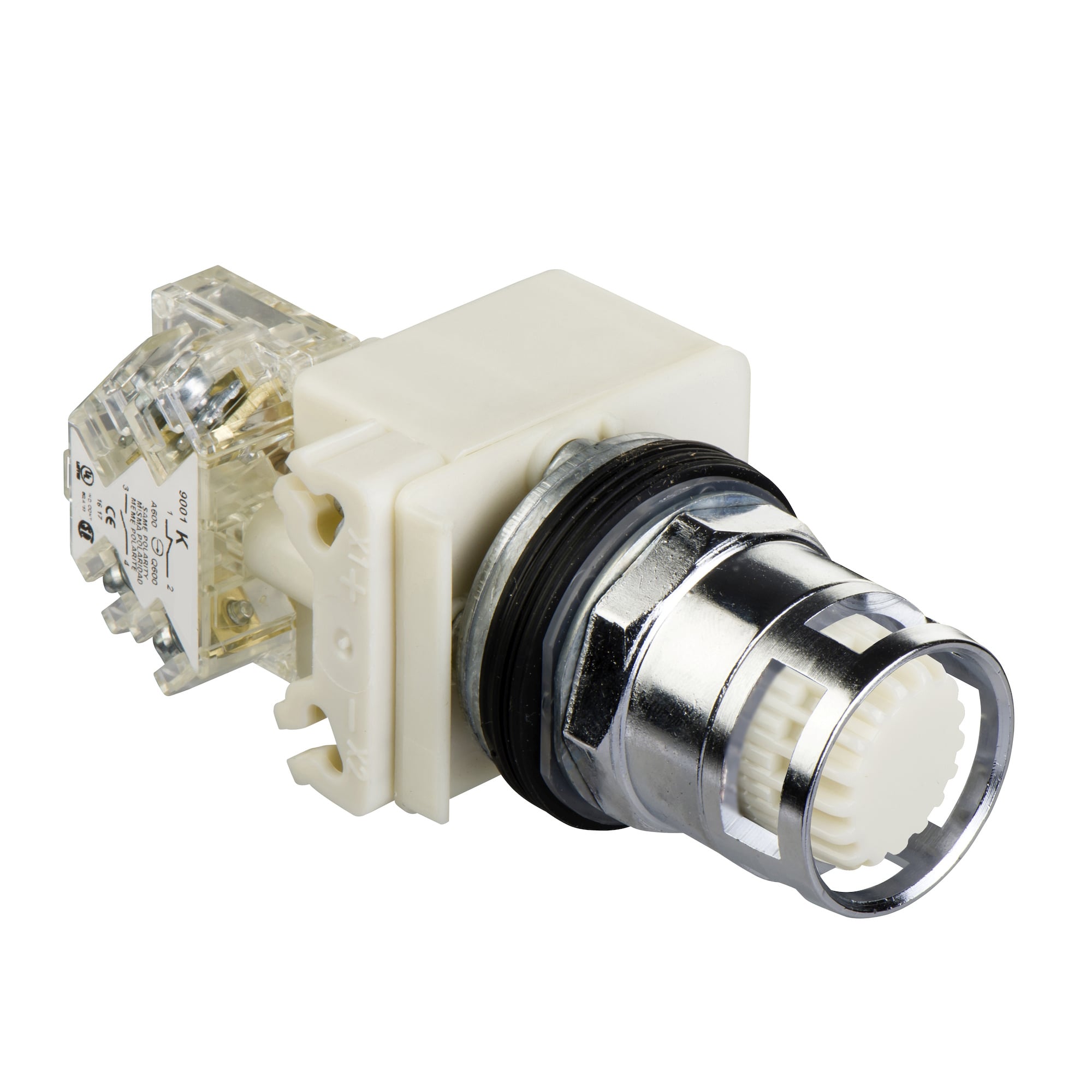 Illuminated push-button, Harmony 9001K, metal, metal guard flush, white, 30mm, spring return, LED white, 24-28V, 1 C/O