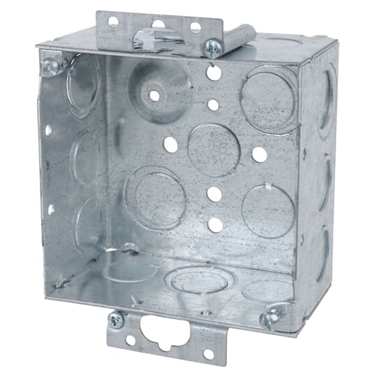 Square Box, 30.3 Cubic Inches, 4 Inch Square x 2-1/8 Inches Deep, 1/2 Inch and 3/4 Inch Knockouts, Pre-Galvanized Steel, Welded Construction, Old Work Ears, For use with Conduit