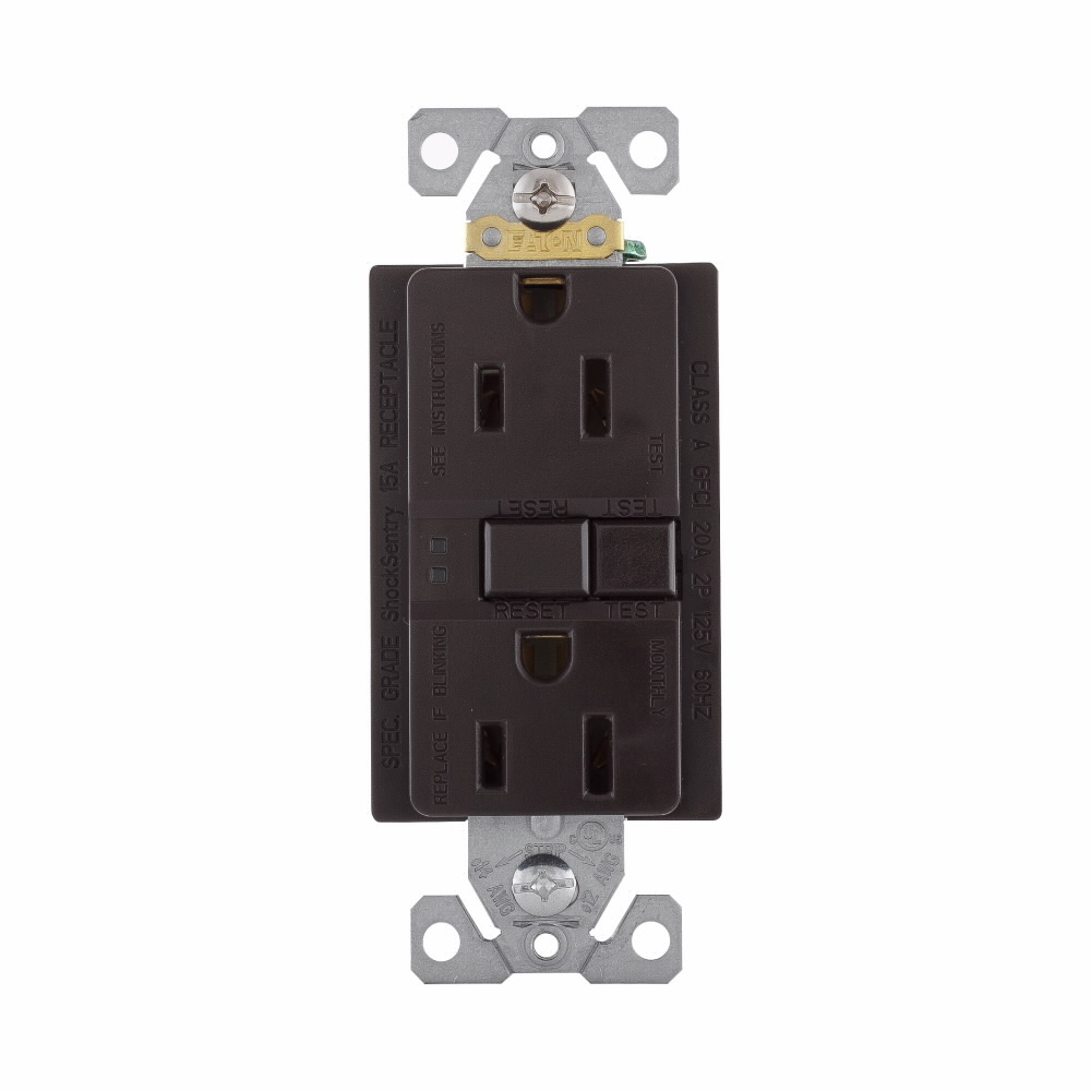 Eaton GFCI receptacle,Self-test,#14 - 10 AWG,15A,Residential,Commercial,Flush,125 V,GFCI,Back and side wire,Brown,Brass,Receptacle,Polycarbonate,5-15R,Two-pole,Three-wire,Two-pole, three-wire, grounding