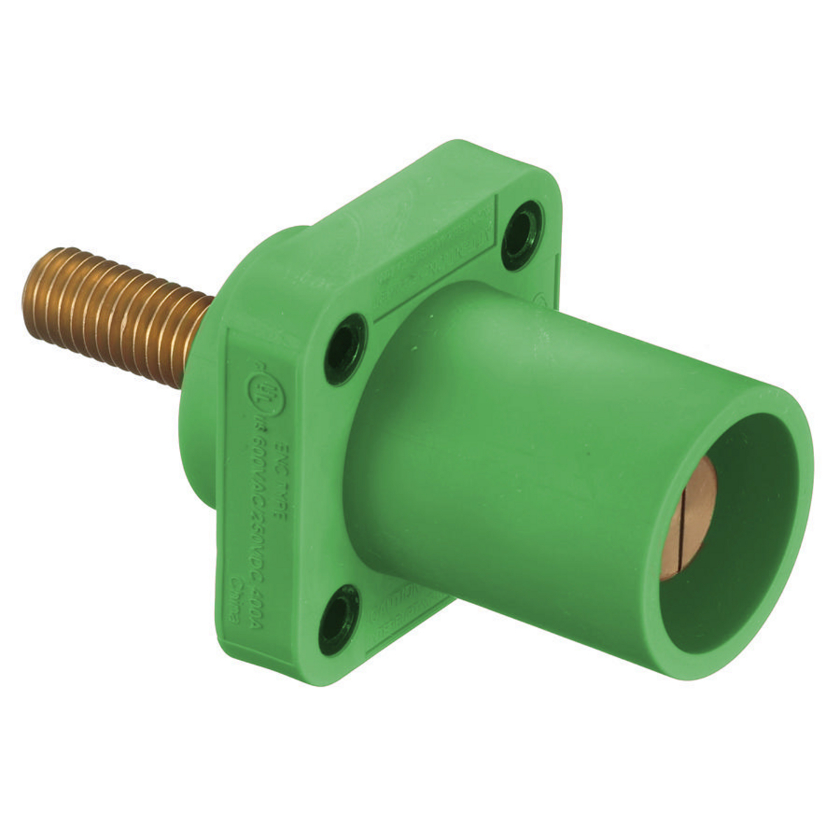 Heavy Duty Products, Single Pole Devices, Industrial Grade, Male Receptacle, 300/400A 600V AC/DC, Single Conductor, Threaded Stud, Green