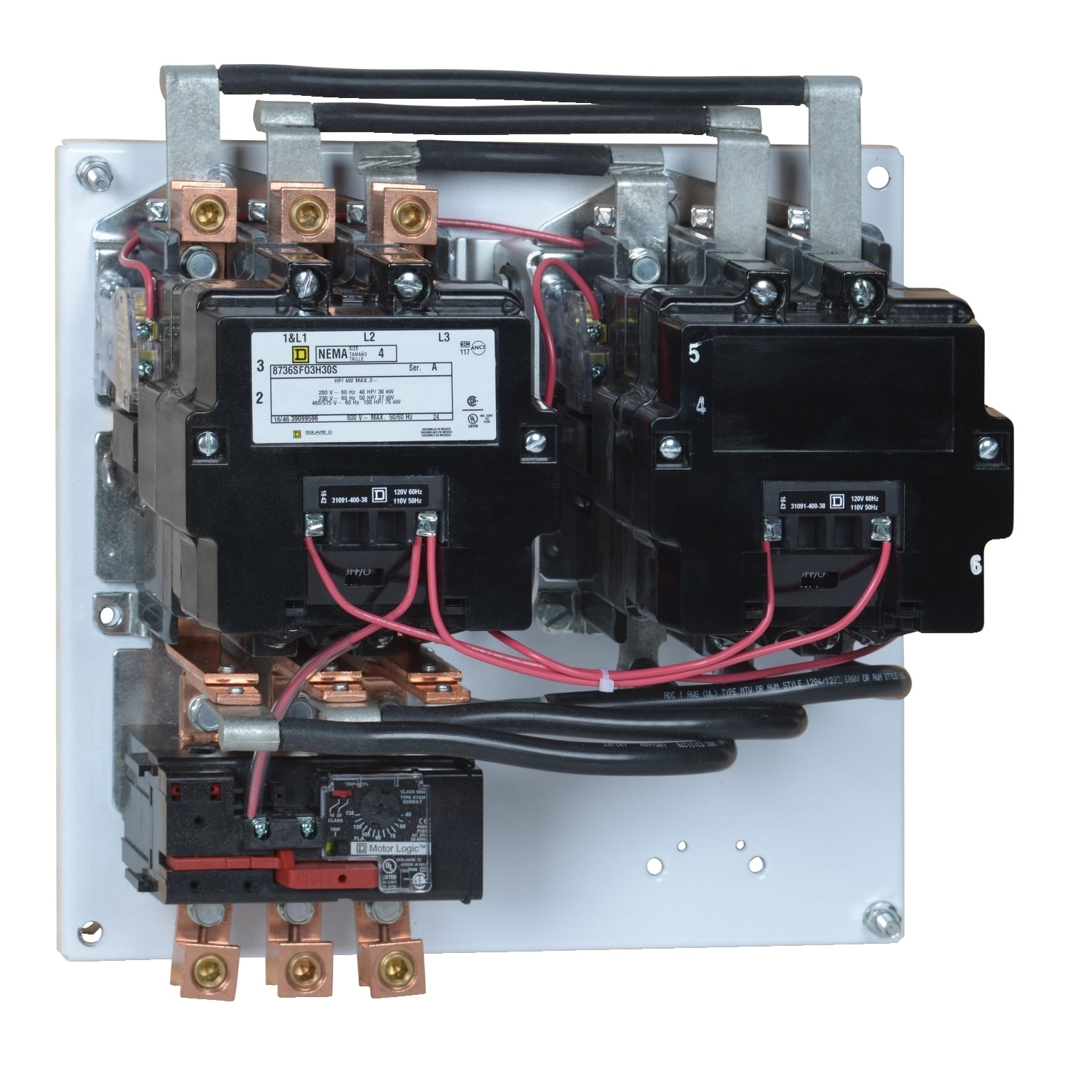 NEMA starter, Type S, reversing, horizontal, Size 4, 135A, 100HP at 575VAC, up to 100kA SCCR, 3 phase, 3 pole, Motor Logic SSOLR, 120VAC coil, open [TAA]