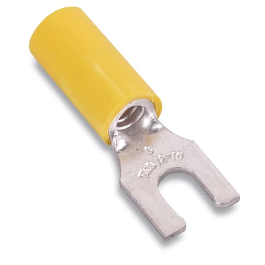 Nylon Insulated Locking Fork Terminal, Length 1.00 Inches, Width .37 Inches, Maximum Insulation .210, Bolt Hole #8, Wire Range #12-#10 AWG, Color Yellow, Copper, Tin Plated, 500 Pack