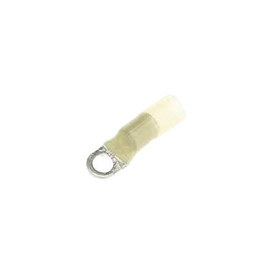 Heat Shrinkable Ring Terminal, Length 1.34 Inches, Width .37 Inches, Maximum Insulation .250, Bolt Hole #10, Wire Range #12-#10 AWG, Color Yellow, Copper, Tin Plated