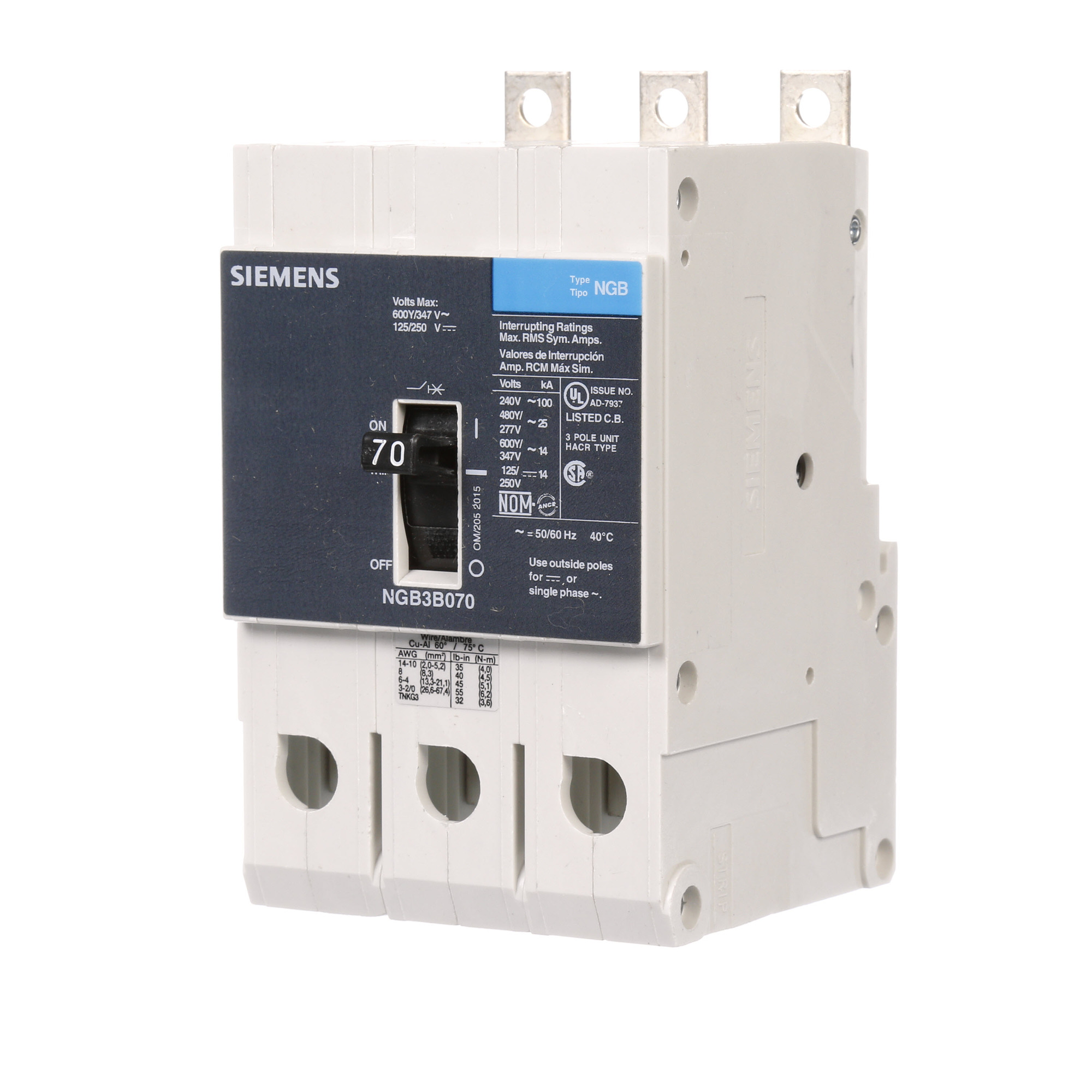  LOW VOLTAGE PANELBOARD MOUNT G FRAME CIRCUIT BREAKER WITH THERMAL - MAGNETIC TRIP. UL LISTED NGB FRAME WITH STANDARD BREAKING CAPACITY. 70A 3-POLE (14KAIC AT 600Y/347V) (25KAIC AT 480Y/277V). SPECIAL FEATURES MOUNTS ON PANELBOARD, LOAD SIDE LUGS ONLY (TC1GG20) WIRE RANGE 8 - 1/0 AWS (CU/AL). DIMENSIONS (W x H x D) IN 3 x 5.4 x 2.8.