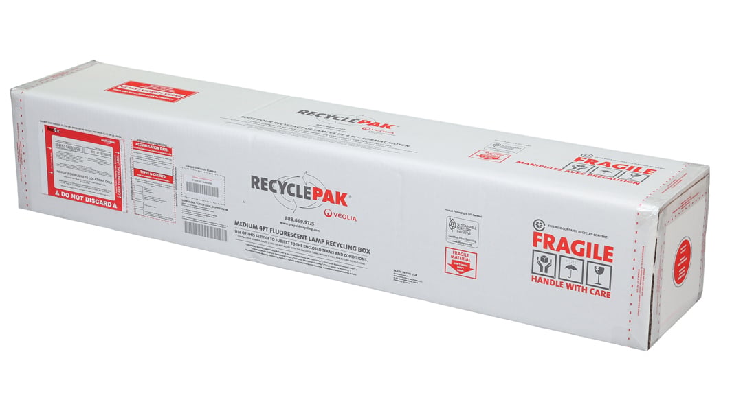 Dimensions: 8.5x8.5x48 Capacity: 30 T12 or 72 T8 4ft straight fluorescent lamps or 10 T12 or 20 T8 u-tube lamps, misc. 4ft T5 straight lamps. DO NOT EXCEED the UN rated weight of 34 lbs. Includes: UN rated, DOT approved container, inner corrugated tube, 5.5 mil vapor barrier liner, liner tie, velcro closures, instructions, terms and conditions, proof of purchase, prepaid return shipping label, recycling and online certificate of acceptance for recycling. Notes: Inner corrugated tube required to be inserted inside of the liner. Restrictions: LED Lamps, Shielded Fluorescent Lamps and CFLs NOT ALLOWED in this container. Lower 48 contiguous states only. Not for export.