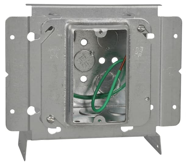 Pre-Fabricated, Single Gang Outlet Box, 30.3 Cubic Inches, 4 Inch Square x 2-1/8 Inch Deep, 1/2 and 3/4 Inch Eccentric Knockouts, 1-1/4 Inch Raised Box Cover, with Grounding #12 AWG Solid Ground Wire Pigtail and Box to Stud Bracket, For Use with Conduit