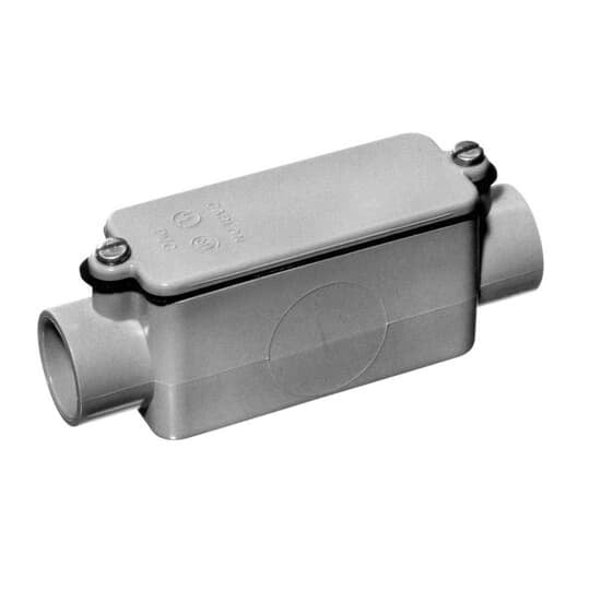 Type C Conduit Body, Volume 32 Cubic Inches, Size 1-1/4 Inch, Length 8-21/32 Inches, Material PVC, Color Gray, For use with Schedule 40 and 80 Conduit