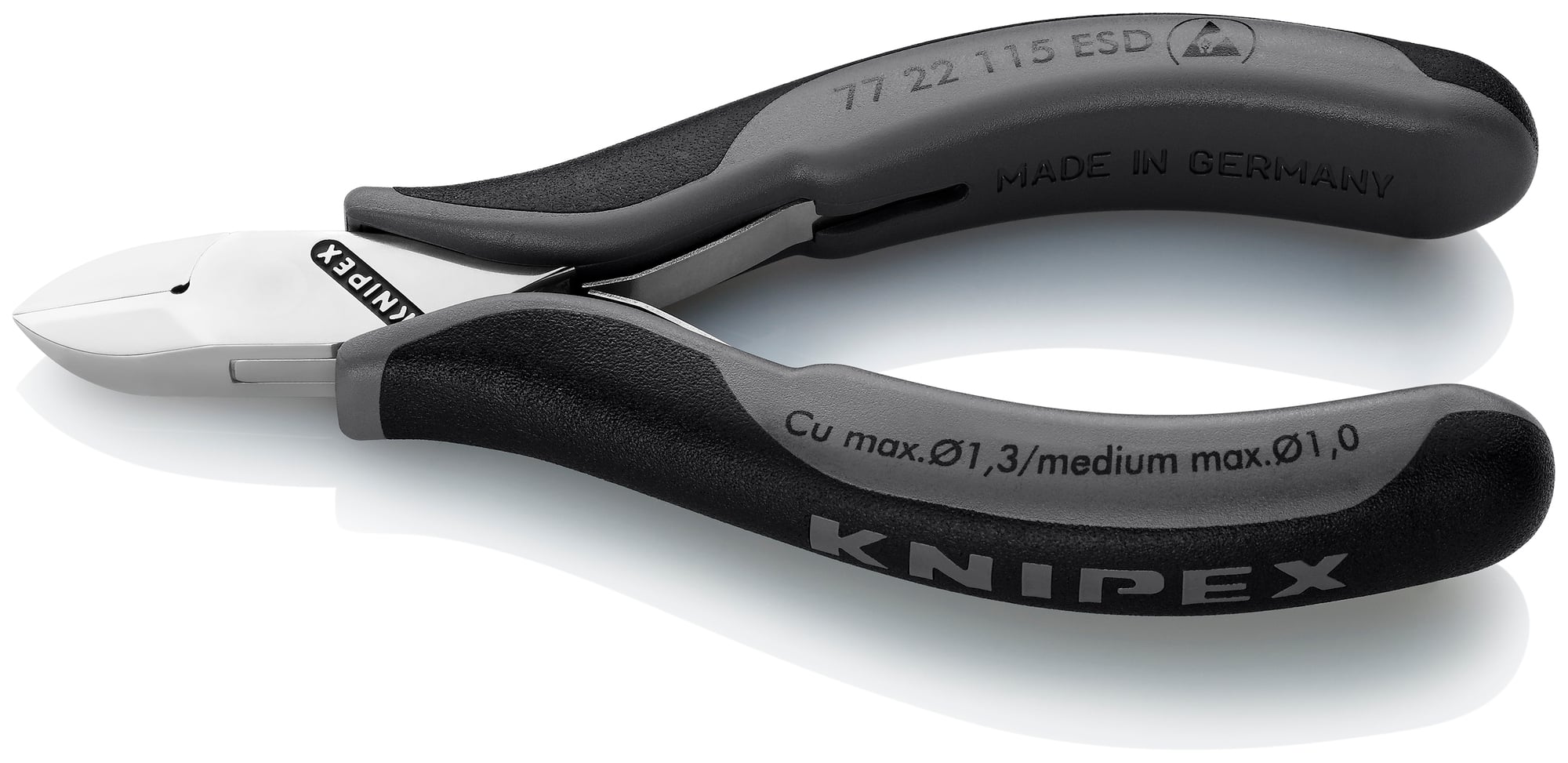 Electronics Diagonal Cutters-ESD Handles, 4 1/2 in., Multi-component, Polished, Flush Cut, Oval Head, Up to 3/64 in. Medium Wire