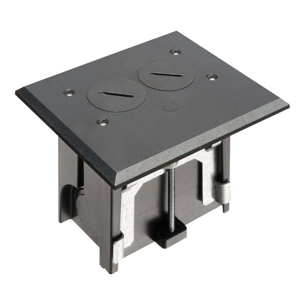 Non Metallic adjustable floor box. Black with threaded plugs. Includes tamper resistant duplex receptacle, cover plate with gasket and Arlington NM94 connector and Arlington NM900 knockout plug.