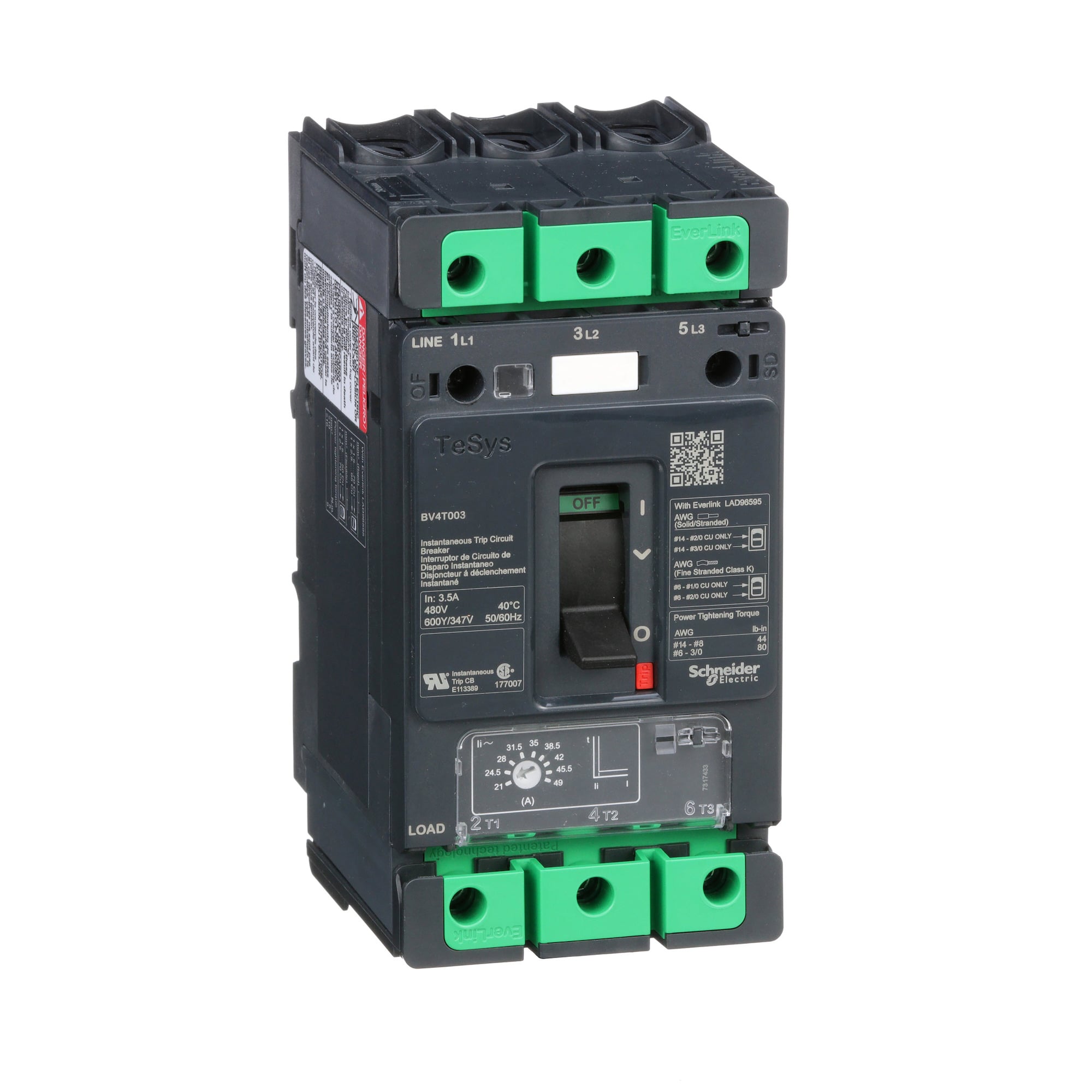 Motor Circuit Protector, TeSys BV4, standard fault, 3.5A, 600Y/347 VAC, 21 to 49 instantaneous trip, up to 100kA SCCR
