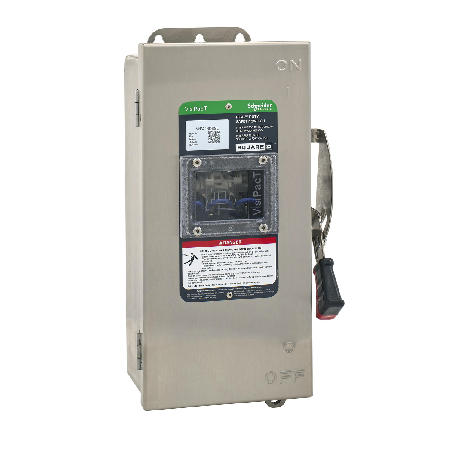 Safety switch, VisiPacT, heavy duty, fused, viewing window, NEMA 4X, 240V, 30A, 3 pole, neutral installed, ground lugs