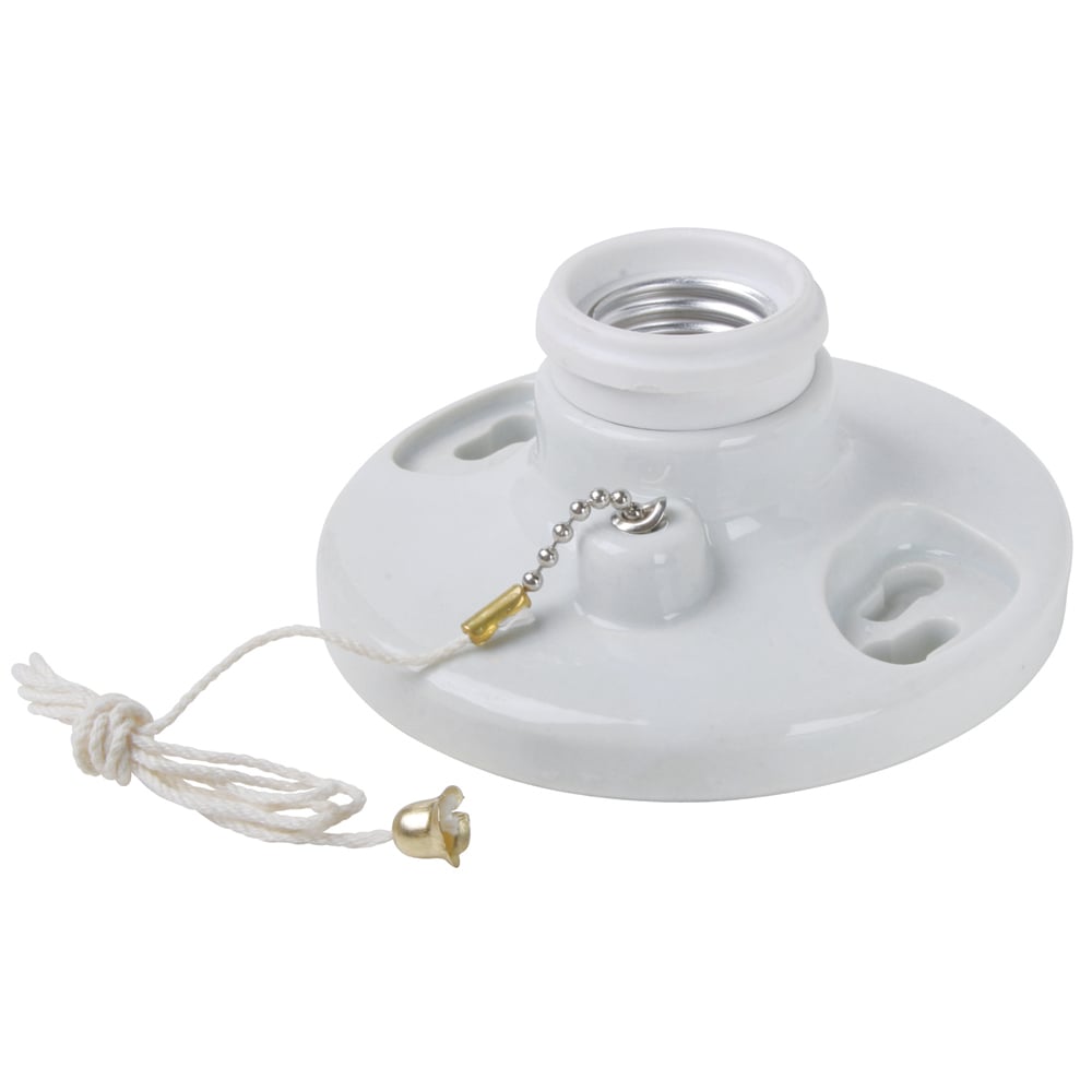 Medium base, porcelain, pullchain, 2 terminals with tri-drive screws, fits 3 1/4 and 4 boxes, with cage neck. White.